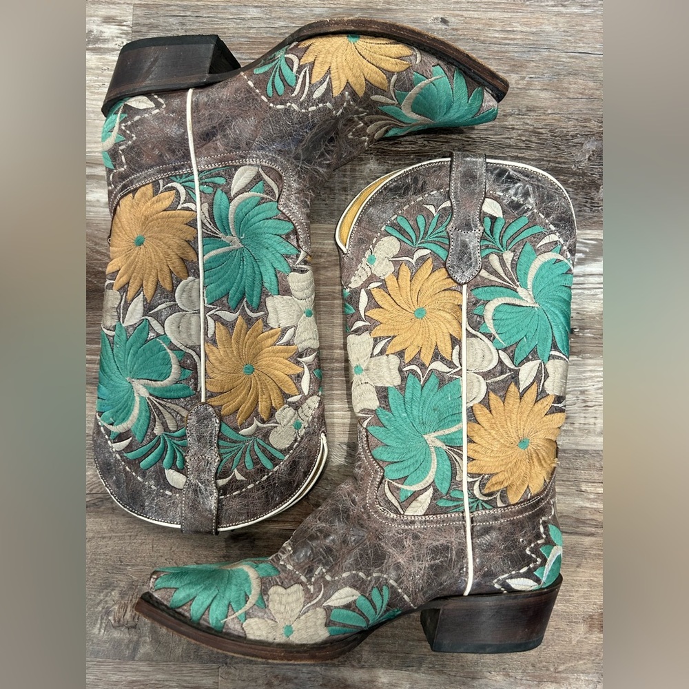 Roper Brown Boots with Green and Yellow Floral Design